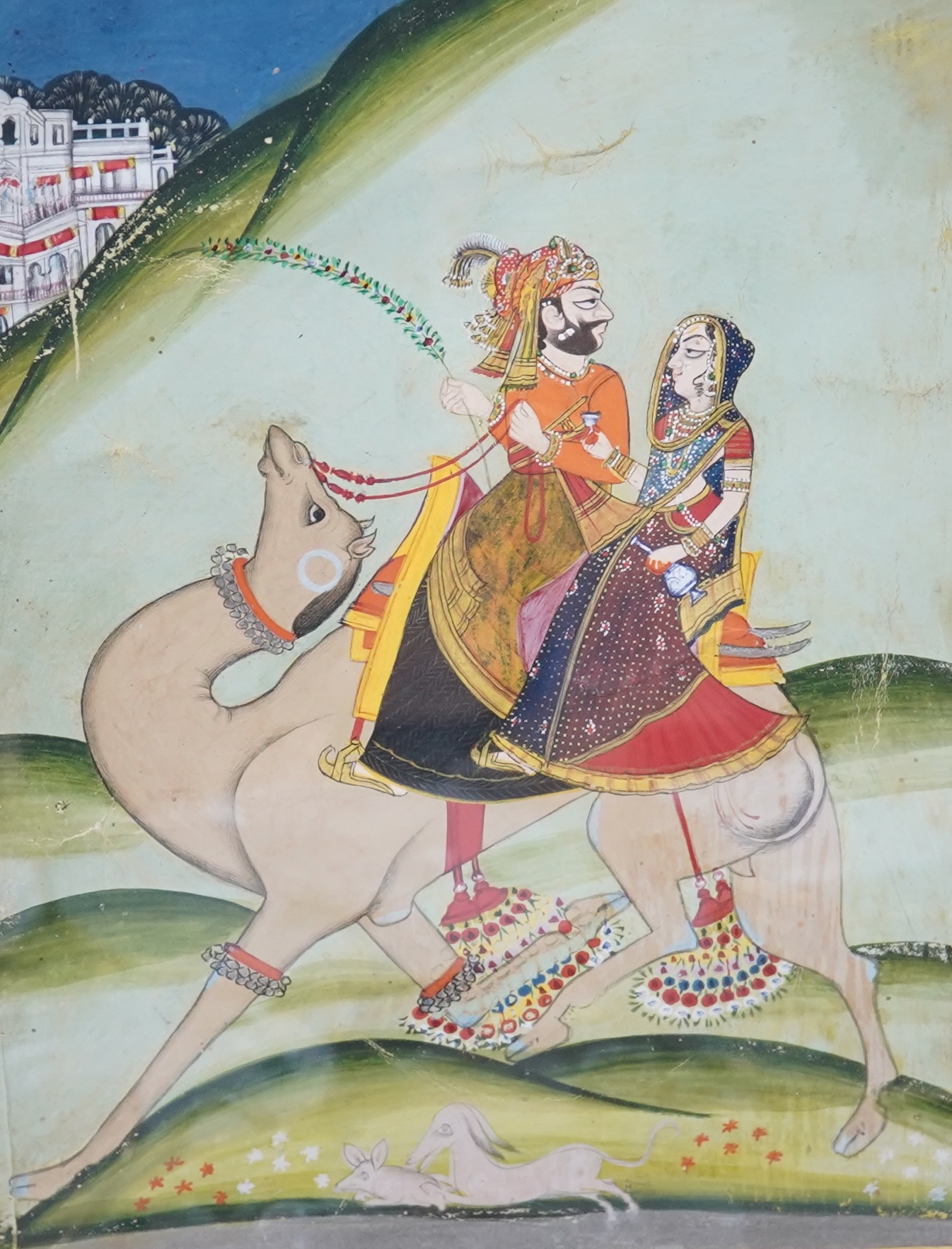 Two 19th century, Indian School gouaches, comprising seated figure and two figures riding a camel, largest 23 x 18cm. Condition - fair